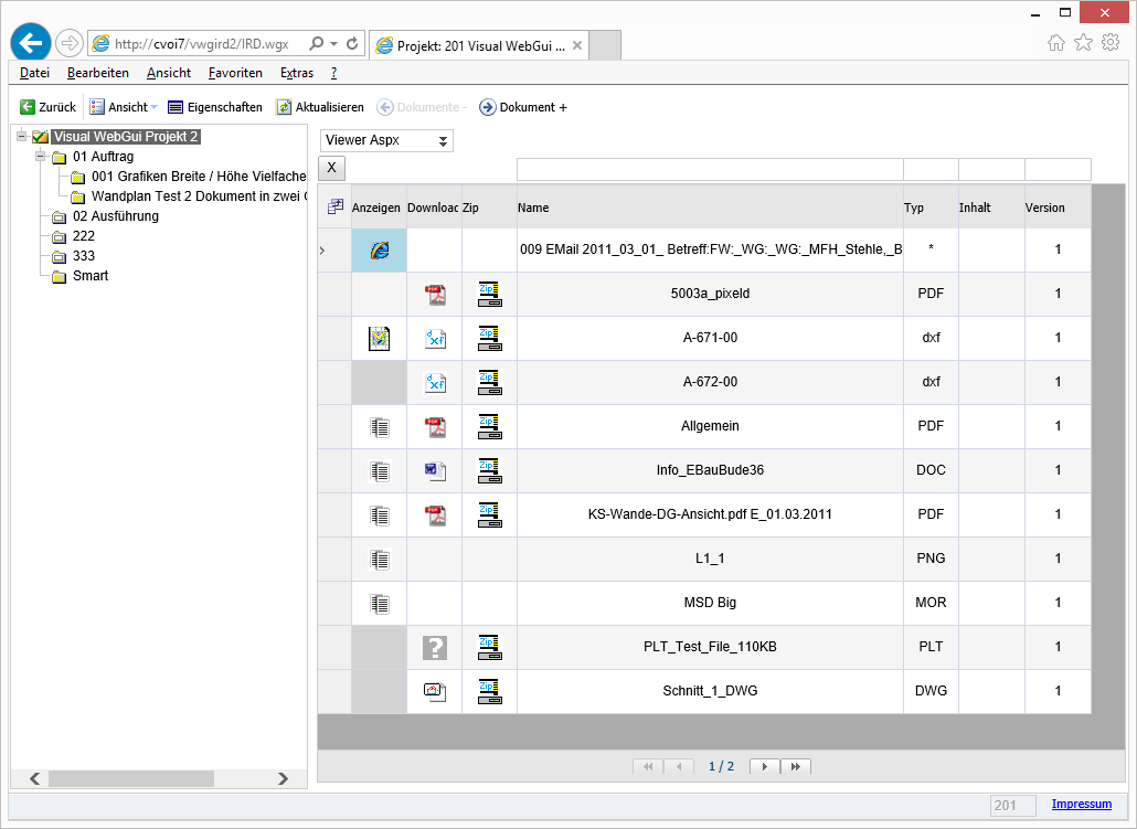 Visual WebGui Anwendung Remote Documents, Projekt Explorer