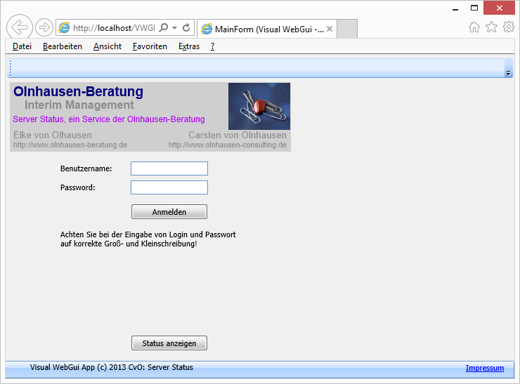 Visual WebGui Anwendung Login